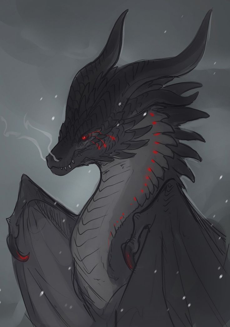 a black dragon with red eyes sitting on top of a snow covered ground in the rain