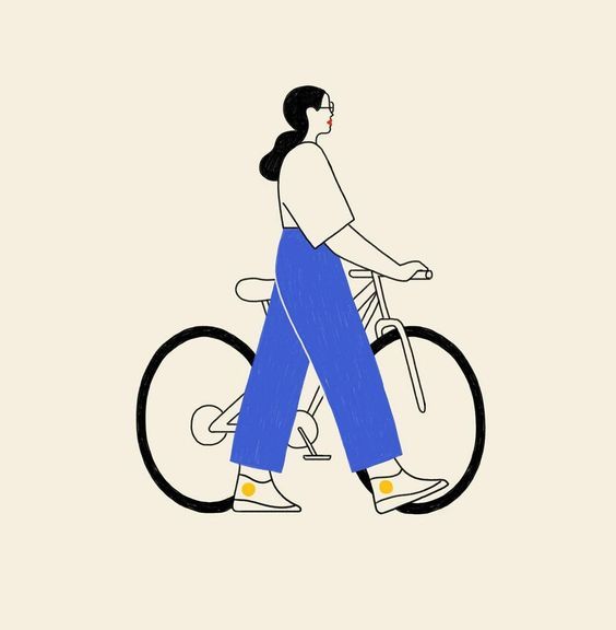 a drawing of a woman riding a bike with no wheels on the front and side