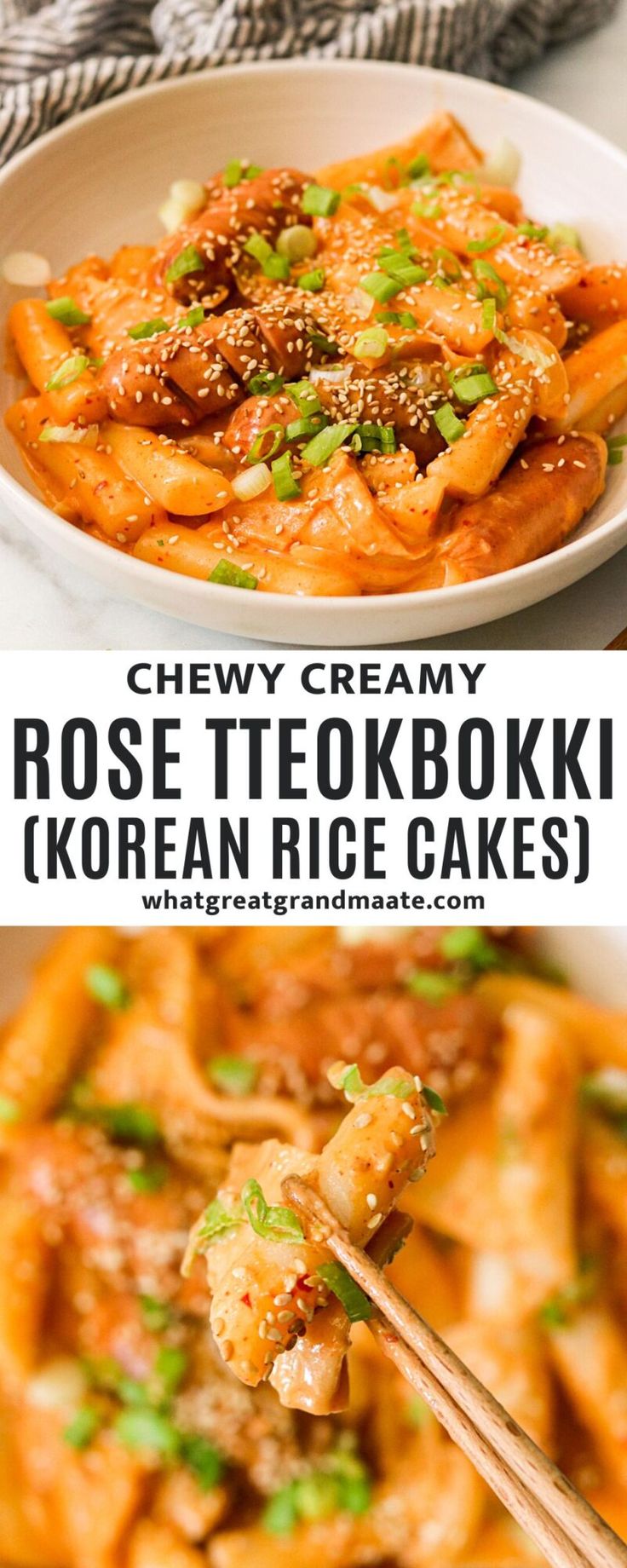 two pictures with different types of food in them and the words, cheesy creamy rose teokokuki korean rice cakes