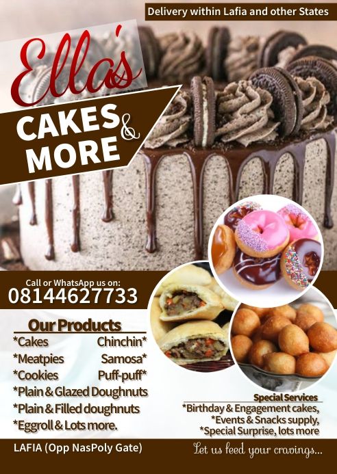 an advertisement for cakes and more