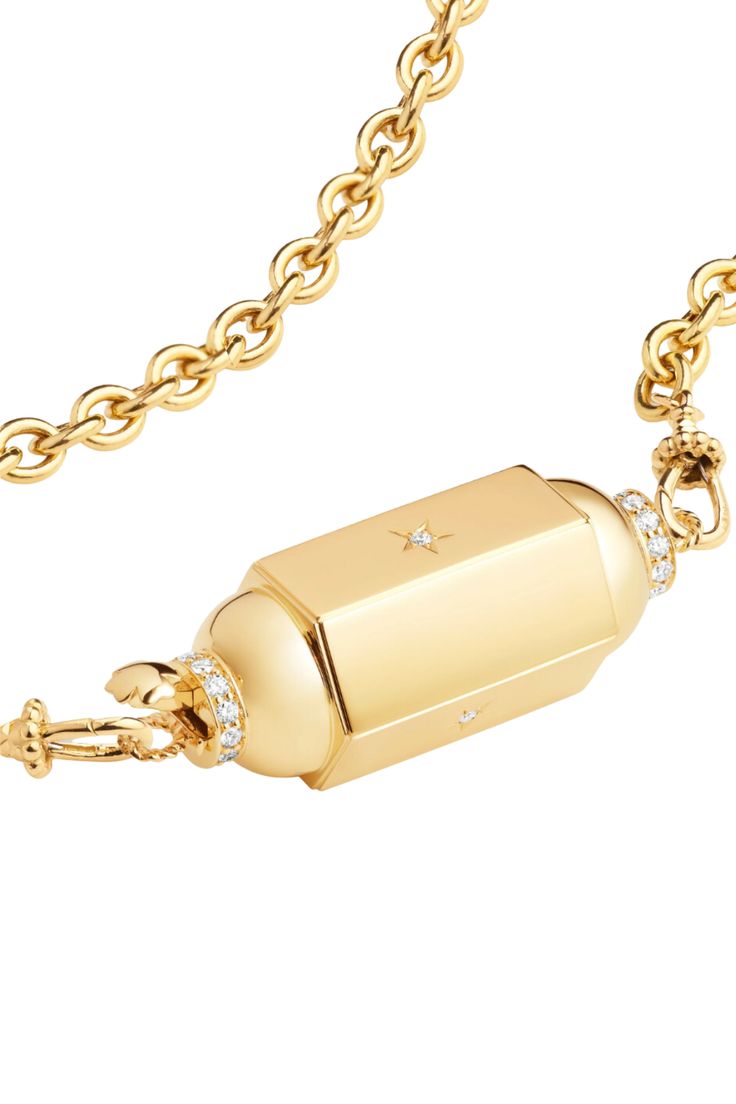 The Yellow Gold Jumbo Locket Necklace, set with white diamonds, by Marie Lichtenberg. Comes on 37cm yellow gold Classic Rosa Chain shown in images. 18K yellow gold 23 H SI1 White diamonds, 0.505ct Weight : Approx. 22grs Length of the locket : Approx. 4cm Width of the locket : Approx. 2cm Wear with One of a Kind Pearl Enameling Fin Hoop | White Ebony Eye Scapular Classic Diamond 'Lucky Stars' Ball Locket | 18K Gold 18k Mariner Charm | Tiger's Eye Interested in this or something similar? Contact o Gift Yellow Gold Diamond Necklace With Detachable Pendant, Yellow Gold Diamond Necklace With Detachable Pendant For Gift, Refined Gold Diamond Necklace Gift, Gold Plated Yellow Gold Diamond Necklace With Cable Chain, Luxury 14k Yellow Gold Diamond Necklace, Refined Gold Diamond Necklace, Yellow Gold Diamond Necklace With Detachable Pendant For Anniversary, Anniversary Yellow Gold Diamond Necklace With Detachable Pendant, Fine Jewelry Yellow Gold Diamond Necklace With Gold Chain