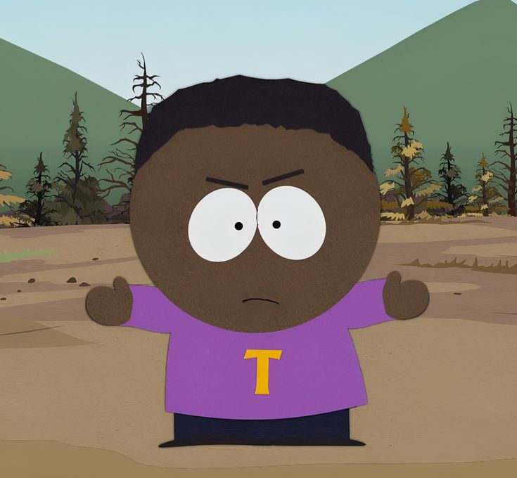 a cartoon character is standing in the middle of a desert area with trees and mountains in the background