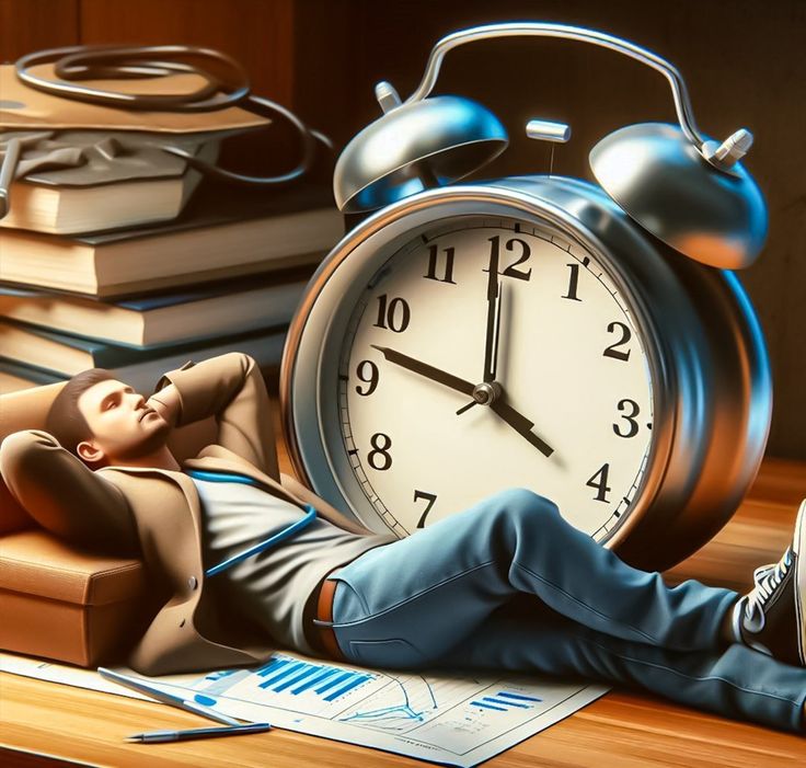 a painting of a person laying on a desk next to an alarm clock