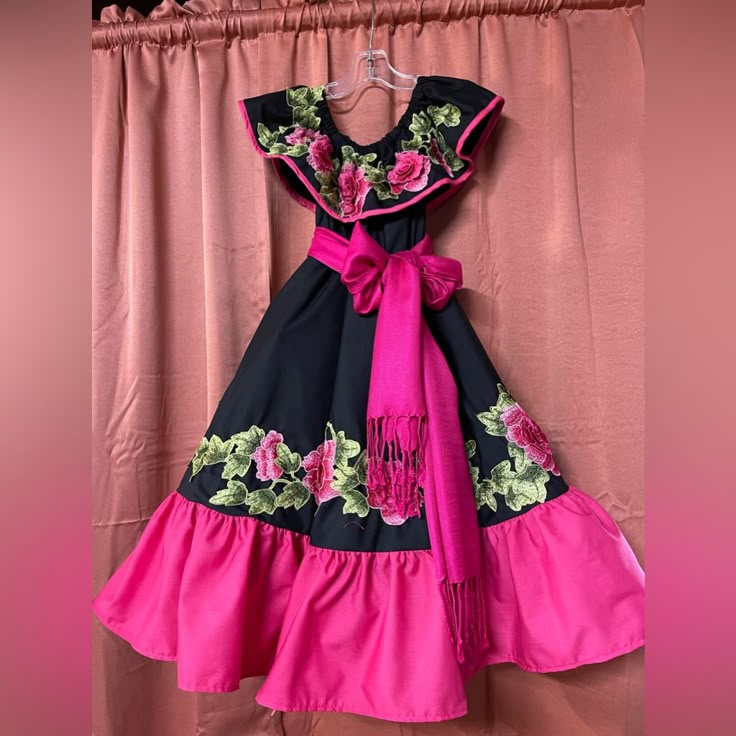 Cotton Fabric With Elastic In The Waist And Arms Include Crinoline And Rebozo Black Spring Dress With Attached Cancan, Fiesta Mexicana Ideas, Mexican Traditional Clothing, Unicorn Dress Girls, Folklorico Dresses, Outfit Mexicano, Navy Blue Girls Dress, Grandmas Birthday, Mexico Dress