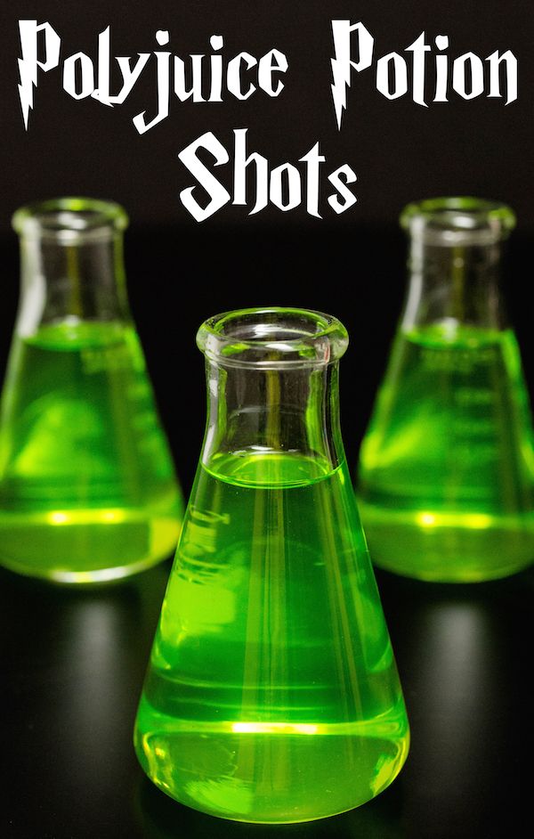 three green flasks filled with liquid on top of a black table next to the words polyjuice potion shots