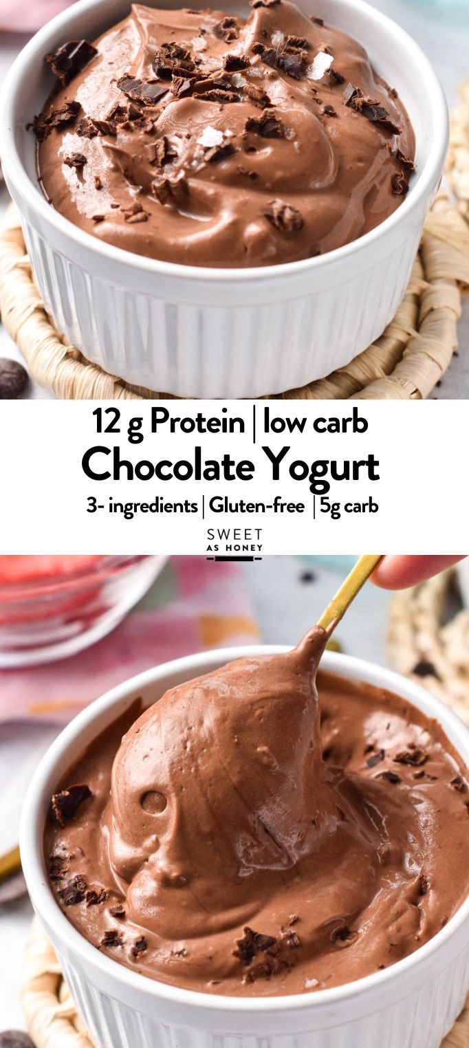 chocolate yogurt in a white bowl with text overlay that reads, 12 g protein low carb chocolate yogurt