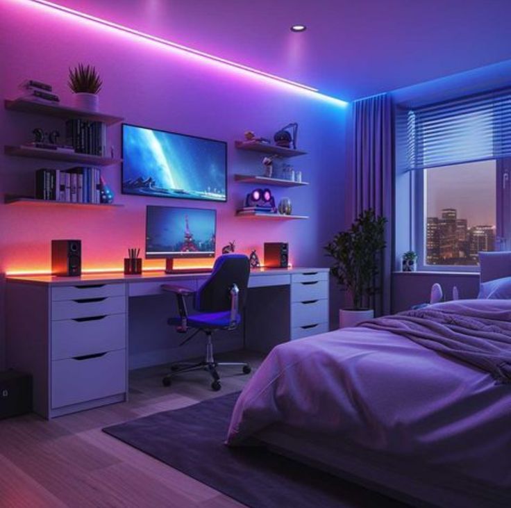 a bedroom with purple and blue lighting on the walls, desks and bed in front of a large window