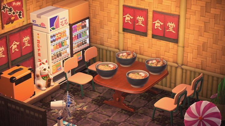 an animated image of a japanese restaurant with food on the table and vending machines