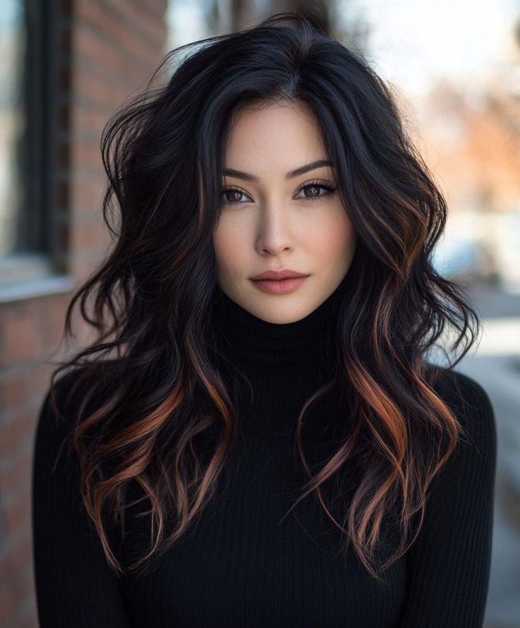 Dark Walnut Tresses with Cinnamon Illustrates Brunette Black Balayage Hair, Black Hair For Pale Skin, Hair Color Changes For Dark Hair, Black And Chestnut Hair, Dark Fall Hair Ideas, Black Caramel Hair, Caramel Tips On Dark Hair, Black Roots Copper Hair, Face Framing Highlights On Black Hair