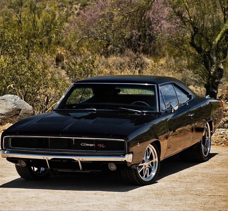 a black muscle car is parked in the dirt