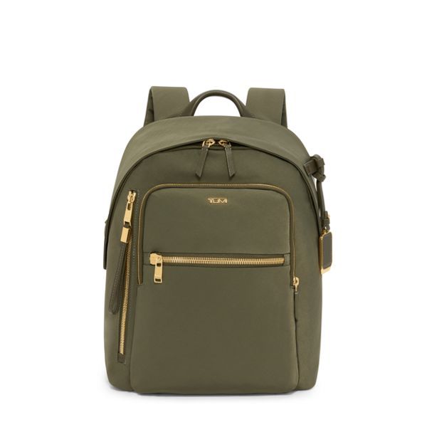 an olive green backpack with gold zippers