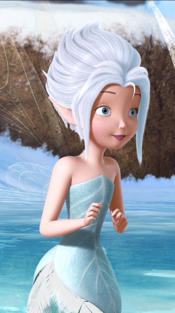 an animated image of a woman with white hair and blue eyes standing in the water