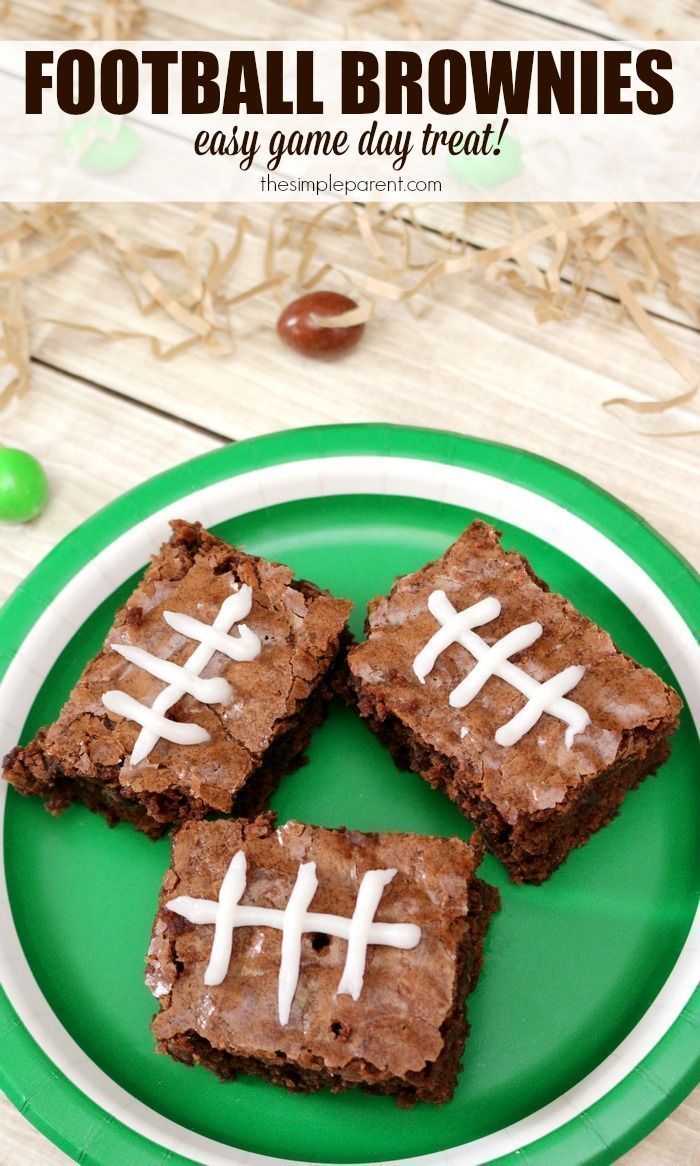 three brownies on a green plate with the words football brownies easy game day treat