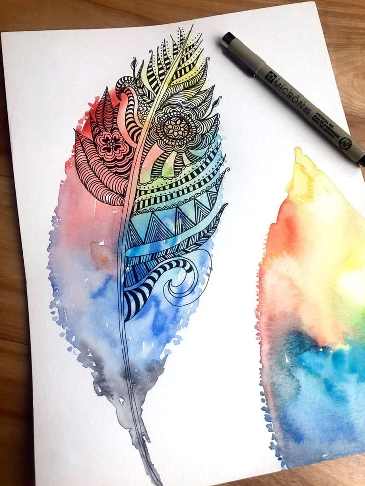 a watercolor drawing of two feathers on paper