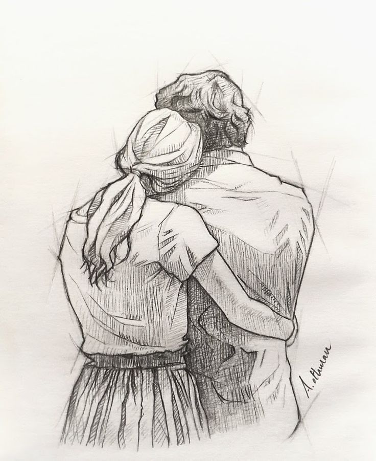 a drawing of two people hugging each other with one holding the other's back