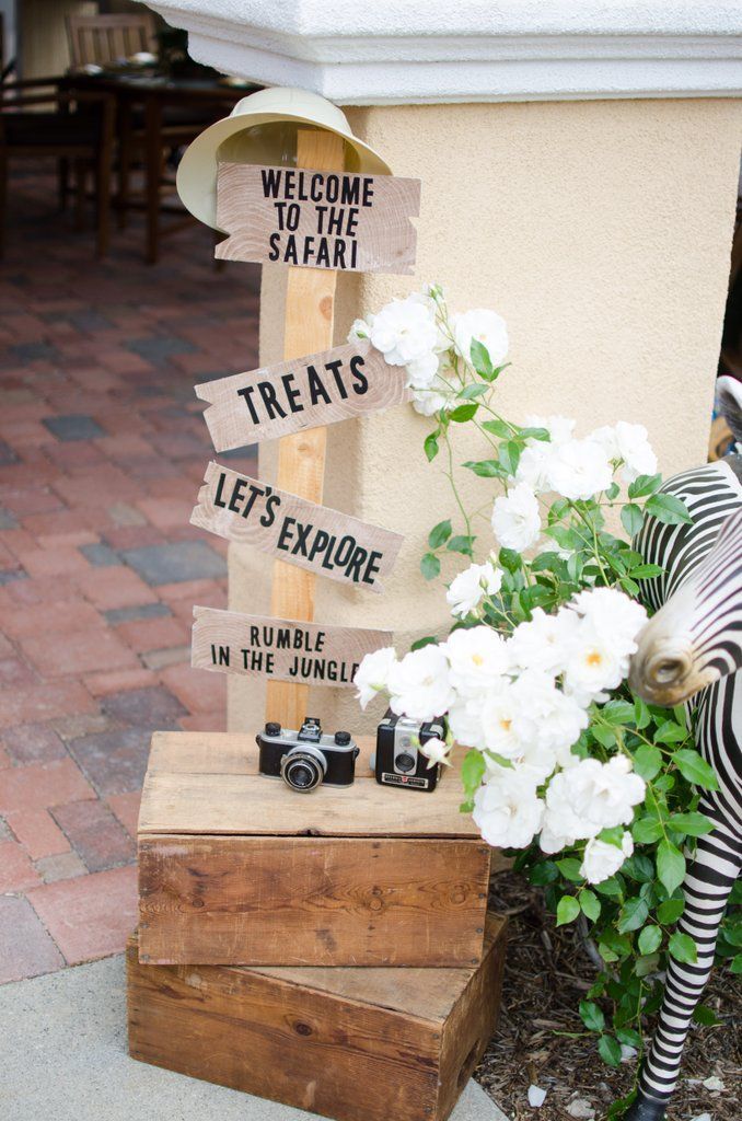 a zebra standing next to a wooden sign with white flowers in it's mouth