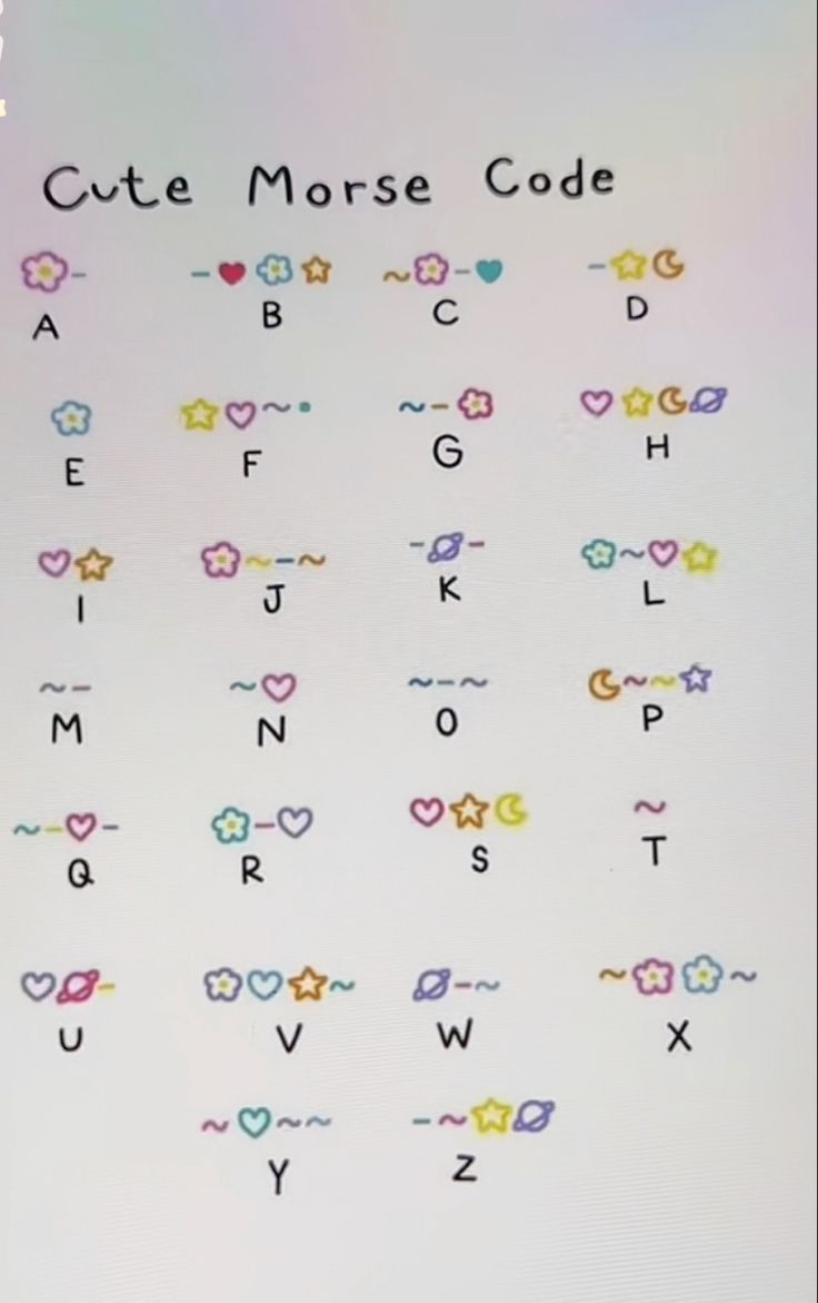 the cute morse code is written in different colors and shapes on a white sheet with black writing