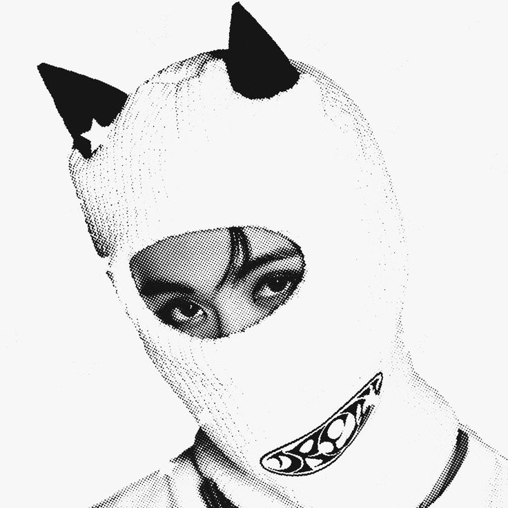 a black and white drawing of a person wearing a mask with cat ears on it