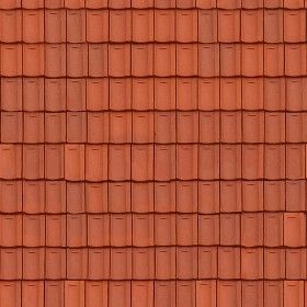 an orange roof with red shingles and a bird on it's back end