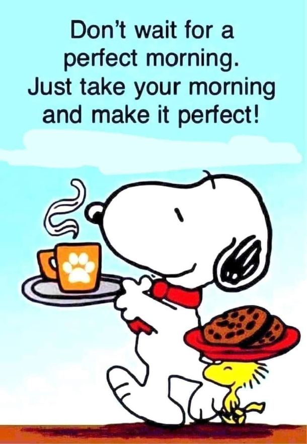 a cartoon dog holding a plate with food on it and the caption don't wait for a perfect morning just take your morning and make it perfect