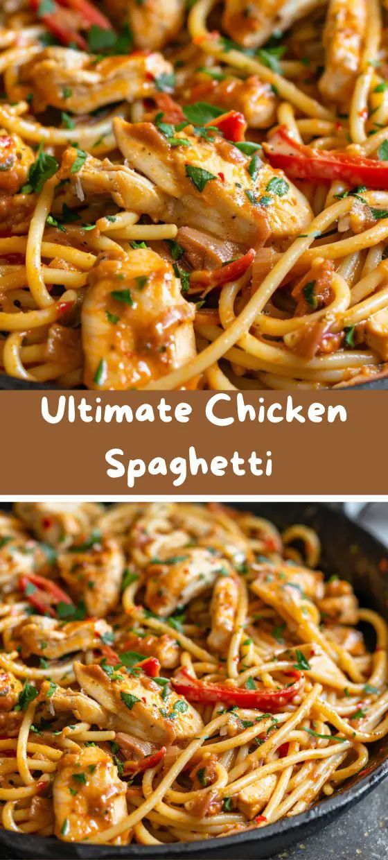 chicken spaghetti in a skillet with the words ultimate chicken spaghetti on top and an image of