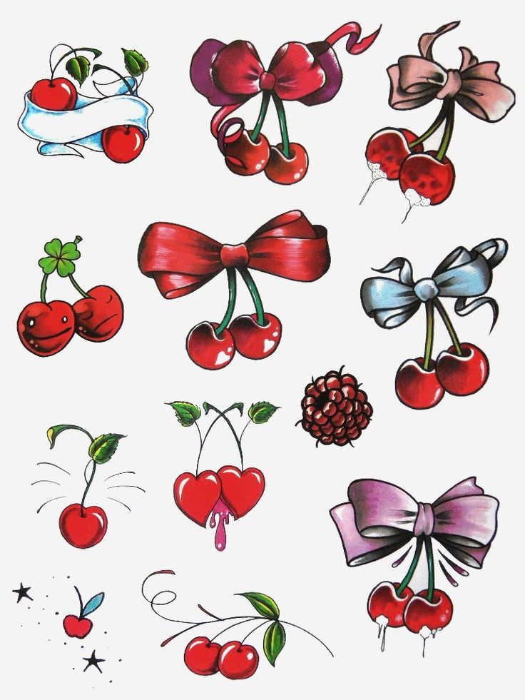 an assortment of cherries with bows and ribbons