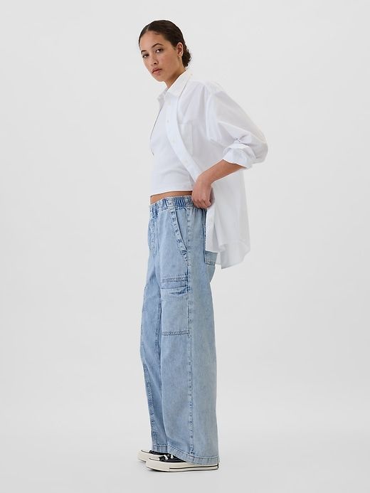 High Rise Wide-Leg Cargo Pull-On Jeans High Rise Cotton Jeans For Elevated Casual, High Rise Cotton Jeans For Elevated Casual Occasions, Versatile Light Wash Cotton Jeans, Everyday Utility Medium Wash Bottoms, Utility Wide Leg Recycled Denim Bottoms, Utility Wide-leg Recycled Denim Bottoms, Wide Leg Utility Bottoms In Recycled Denim, Light Wash Cotton Jeans For Work, Spring Cargo Pocket Jeans For Elevated Casual