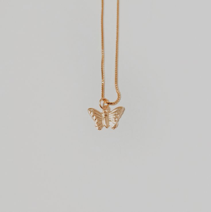 This butterfly necklace will add a delicate touch to any look with its chain and pendant. Treat yourself or a loved one to a unique piece of jewelry today! ∙ D E T A I LS ∙- 18k Gold Filled- 18 inches in length- Box Chain - Hypoallergenic (lead + nickel free) ∙ G O L D ∙ F I L L E D ∙ Gold-filled components contain 100+ times more real gold than gold-plated components and are both durable and tarnish resistant. It is more affordable and accessible than solid gold but higher quality than gold plated. Butterfly Shaped Rose Gold Jewelry Gift, Butterfly Shaped Rose Gold Jewelry For Gifts, Rose Gold Butterfly Jewelry For Gifts, Rose Gold Butterfly Jewelry Gift, Yellow Gold Butterfly Charm Jewelry For Everyday, Rose Gold Butterfly Charm Jewelry As Gift, Rose Gold Jewelry With Butterfly Charm As Gift, Yellow Gold Jewelry With Butterfly Charm For Everyday, Everyday Yellow Gold Jewelry With Butterfly Charm