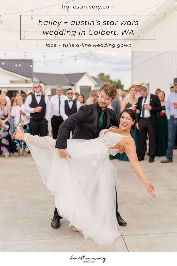 a bride and groom dancing together in front of their wedding party with the caption, haley's custom star wars wedding in colbert, wa