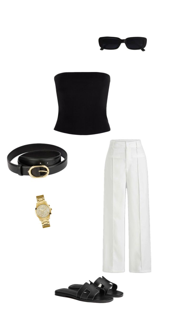 Step into style with this chic ensemble! Tailored white pants create a polished foundation, perfectly complemented by a sleek black tube top for a modern touch. Accessorize with black sandals and a matching belt for a cohesive look, and finish with trendy black sunglasses for that effortless vibe. A stunning gold watch adds a hint of elegance, making this outfit perfect for day or night! ✨ #ChicStyle #FashionInspo #OOTD Outfit With Tube Top, Black Tube Top Outfit, Night Black And White, Tube Top Outfit, Tube Top Black, Tube Top Outfits, Black Tube Top, Black Tube, Black Sunglasses