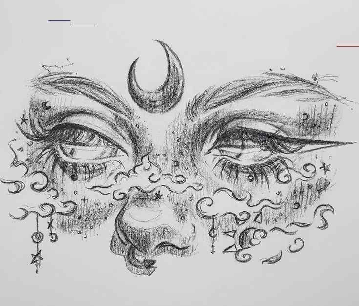 a drawing of a woman's face with the moon above her eyes and clouds around her