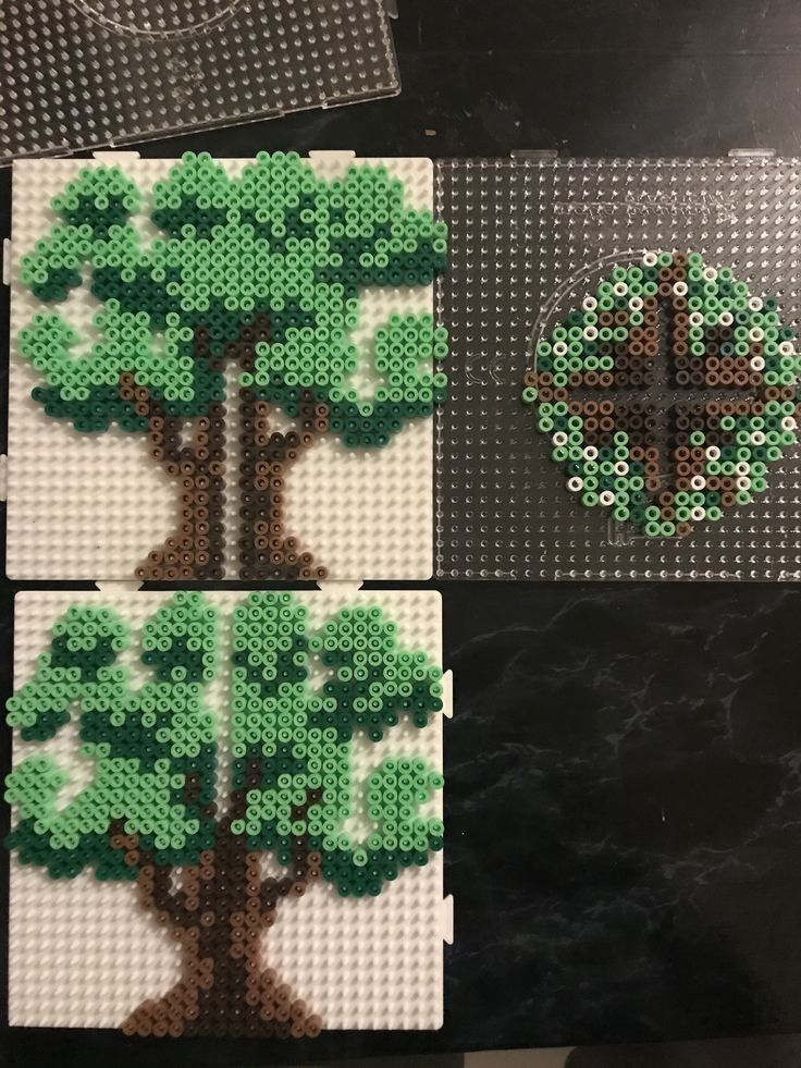 three pictures of trees made out of legos