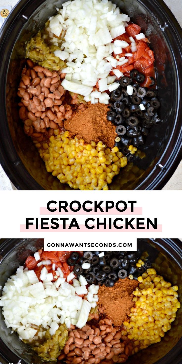 crockpot fiesta chicken recipe in a slow cooker with the title above it