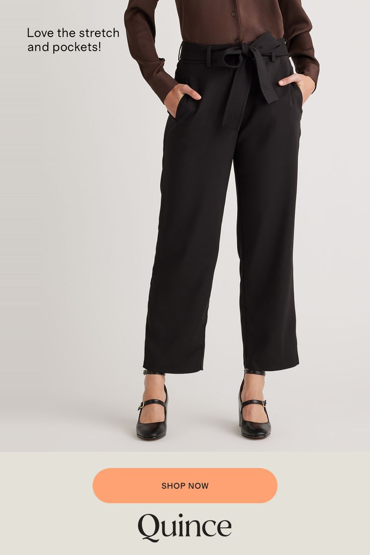 Update your wardrobe with an always-chic paperbag pant. With a little stretch, plenty of pockets, and a removable belt, this will become your go-to pant. Easily dress up or down!  | Quince | Women's Stretch Crepe Paperbag Pants in Black, Size 10, Polyester Chic Paperbag Waist Bottoms With Tie, Casual Wide Leg Pants With Paperbag Waist For Work, Chic Paperbag Waist Bottoms For Workwear, Chic Paperbag Waist Pants For Work, Chic Belted Paperbag Waist Wide Leg Pants, Chic Belted Wide Leg Pants With Paperbag Waist, Chic Wide Leg Pants With Paperbag Tie Waist, Solid Color Paperbag Waist Bottoms With Tie Waist, Belted Wide Leg Paperbag Waist Pants For Work