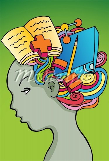 a drawing of a woman's head with books and pencils in her hair