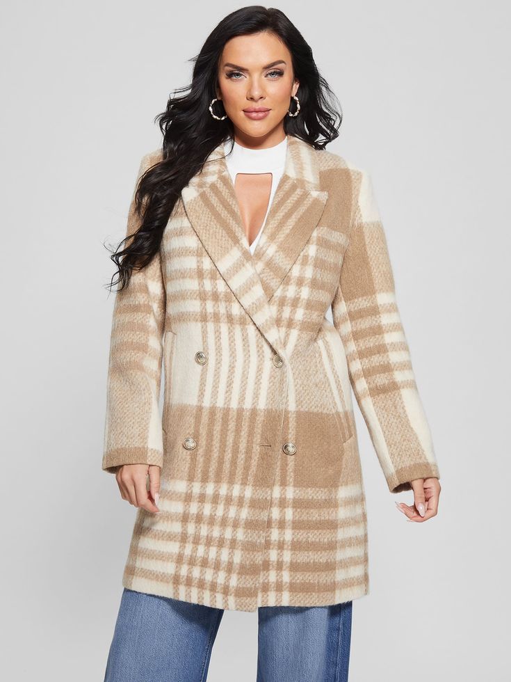 Woven wool-blend coat Allover plaid pattern Notched folded collar Long sleeves Double-breasted design Longline silhouette Side slip pockets Front button closures 90% Polyester, 10% Wool Plaid Coat, Wool Blend Coat, Plaid Pattern, Active Wear For Women, Lifestyle Brands, Mens Tees, Outerwear Jackets, Stylish Women, Double Breasted