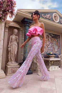 Glamorous Embellished Pink Bottoms, Glamorous Pink Embellished Bottoms, Elegant Embellished Pink Bottoms, Elegant Pink Embellished Bottoms, Pink Stretch Pants For Party, Pink High-waisted Evening Pants, High Waist Pink Evening Bottoms, Pink High Waist Bottoms For Evening, High Waist Pink Bottoms For Evening