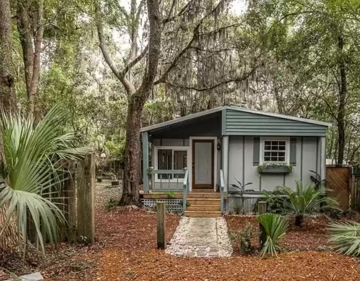 a small blue house in the woods