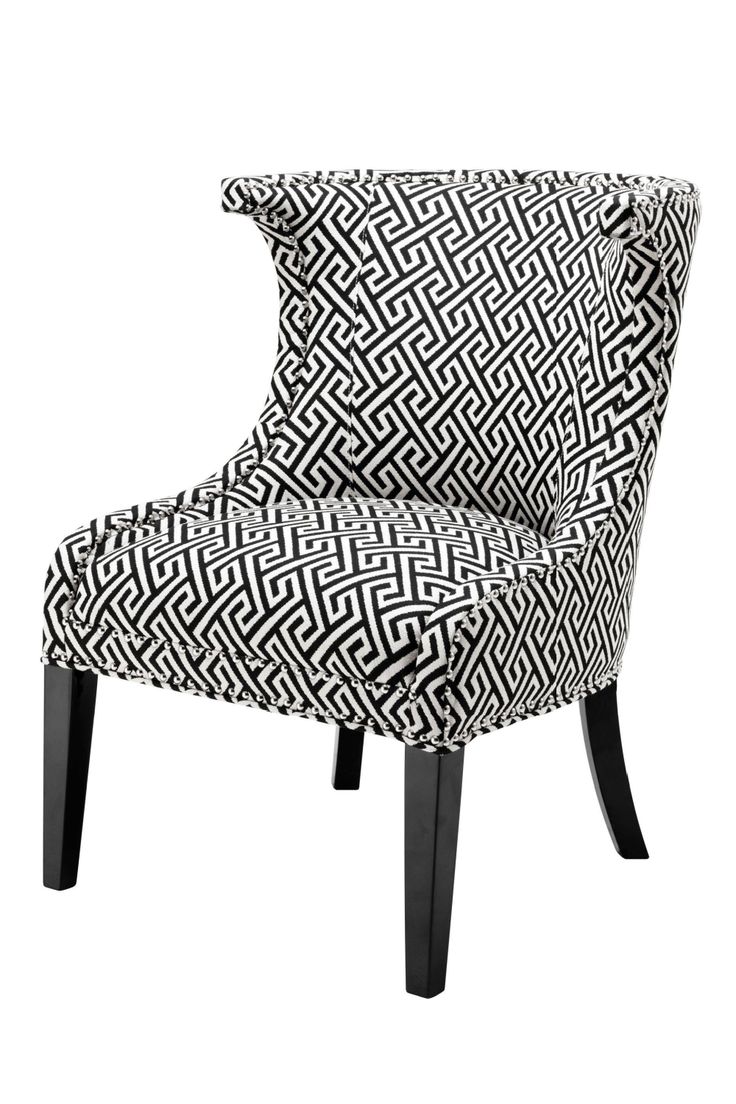 a black and white patterned chair on a white background with the seat upholstered