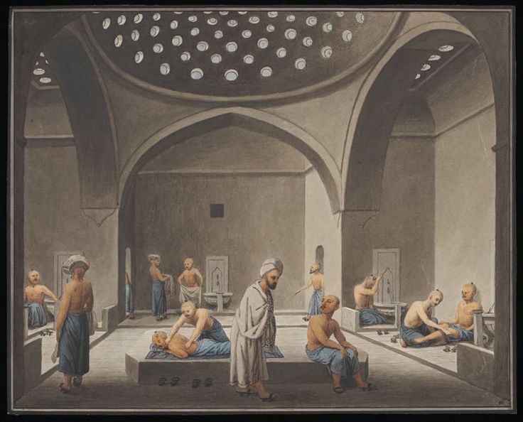 an old painting of men and women in a room