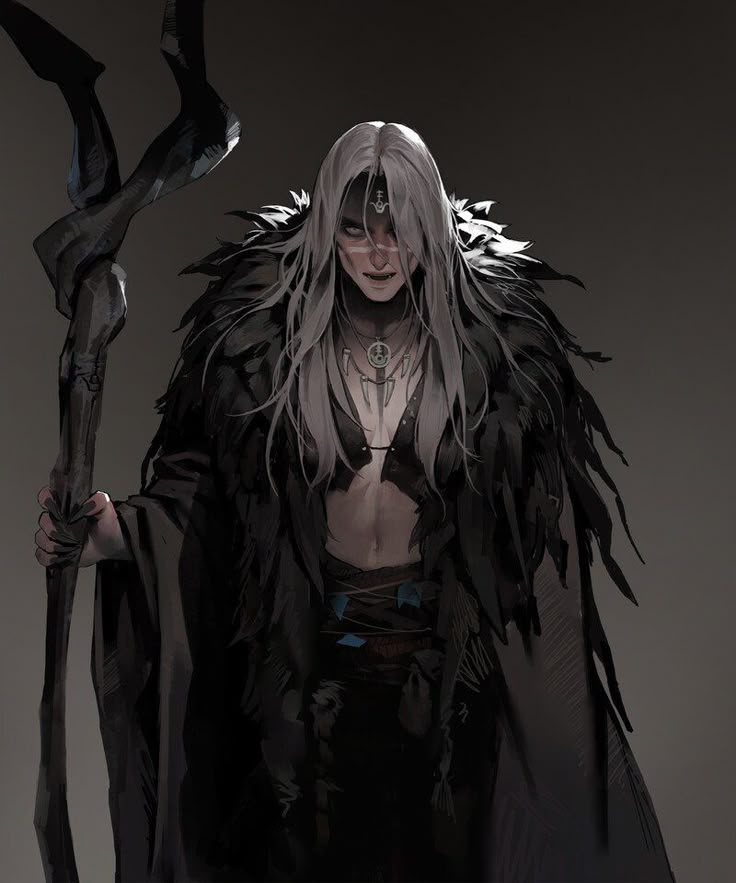 a woman with long white hair and black wings holding a stick in her hand,