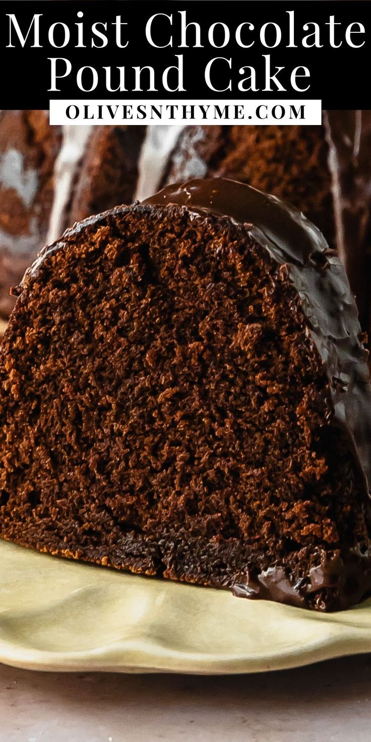 a close up of a slice of chocolate pound cake on a plate