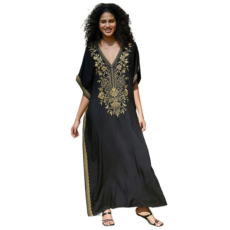 New Black Cotton Gold Thread Embroidered Beach Blouse Robe-style Embroidered Vacation Bikini Blouse Traditional Black Kaftan For Vacation, Gold Bohemian Kaftan For Festival, Summer Black Kaftan With Floral Embroidery, Long Gold Embroidered Kaftan, Gold Kaftan For Summer Vacation, Black Floral Embroidered Kaftan For Festivals, Festive Black Kaftan With Gold Embroidery, Bohemian Kaftan With Gold Embroidery, Gold Embroidered Kaftan