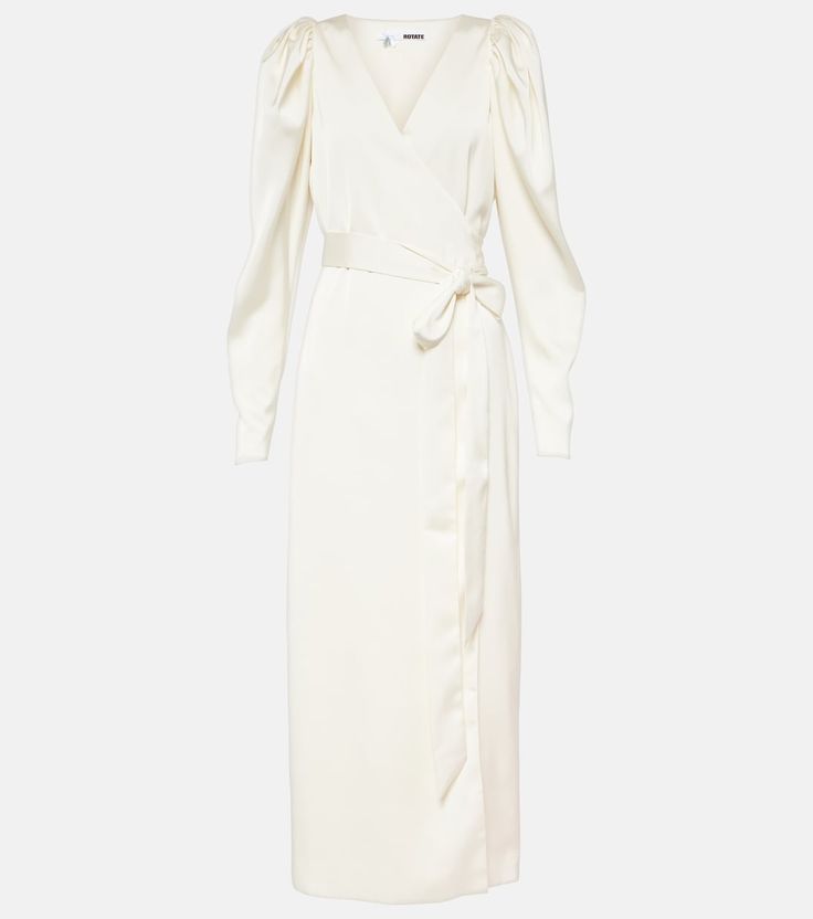 Satin wrap dress in white - Rotate | Mytheresa Dressy Hats, Midi Skirt Spring, Mcqueen Dress, Satin Wrap Dress, Designer Maxi Dress, Birger Christensen, Risk Taker, Designer Midi Dresses, Leather Dresses