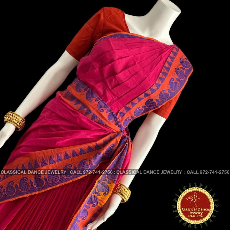 Design by Classical Dance Jewelry® ❥ A collection of colorful and elegant dance sarees in cotton fabric with minimalistic patterns for all the ladies who are ardent fans of our traditional dance. ❥ These sarees are also known as Kalakshethra sarees. ❥ Dance practice sarees have different measurements than the usual sarees and can't be used as a party wear or casual wear. ❥ It is made of pure cotton saree with plain contrast color borders.These practice sarees worn over pajamas / pants and a chol Fitted Pre-draped Saree With Zari Work For Puja, Bollywood Style Cotton Pre-draped Saree For Puja, Cotton Pre-draped Saree For Puja During Navratri, Pink Pre-draped Saree With Motifs For Puja, Traditional Fitted Pre-draped Saree For Navratri, Fitted Pre-draped Saree With Cutdana For Festivals, Diwali Fitted Pre-draped Saree With Motifs, Traditional Fitted Pre-draped Saree For Diwali, Traditional Pink Blouse Piece With Traditional Drape