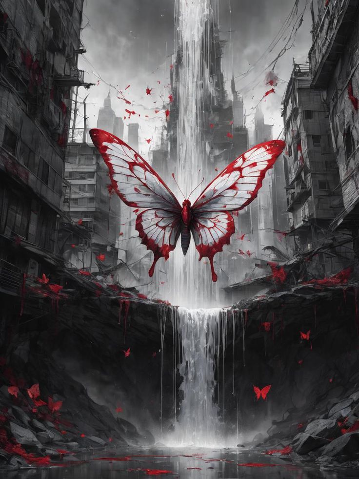 a butterfly flying over a waterfall in the middle of a city with red paint on it