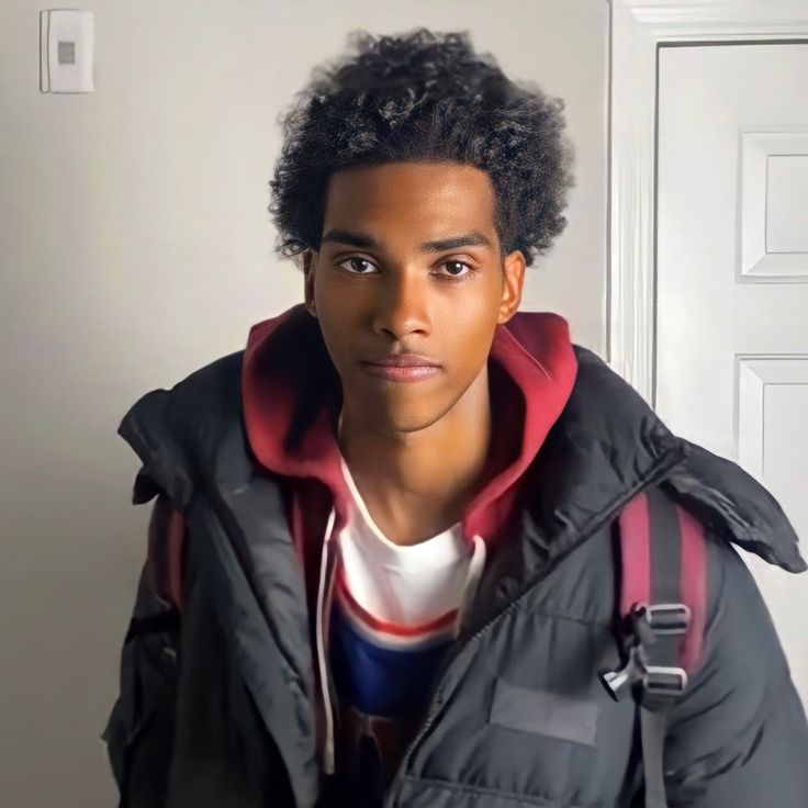 a young man with curly hair wearing a jacket