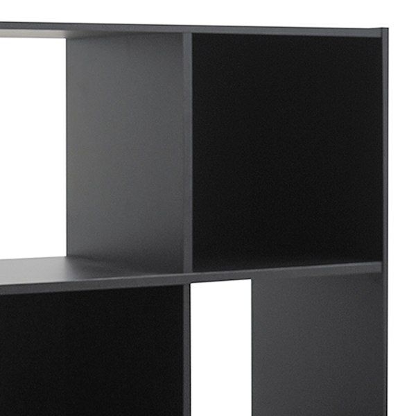 a black book shelf with three sections on each side and one section missing from the other