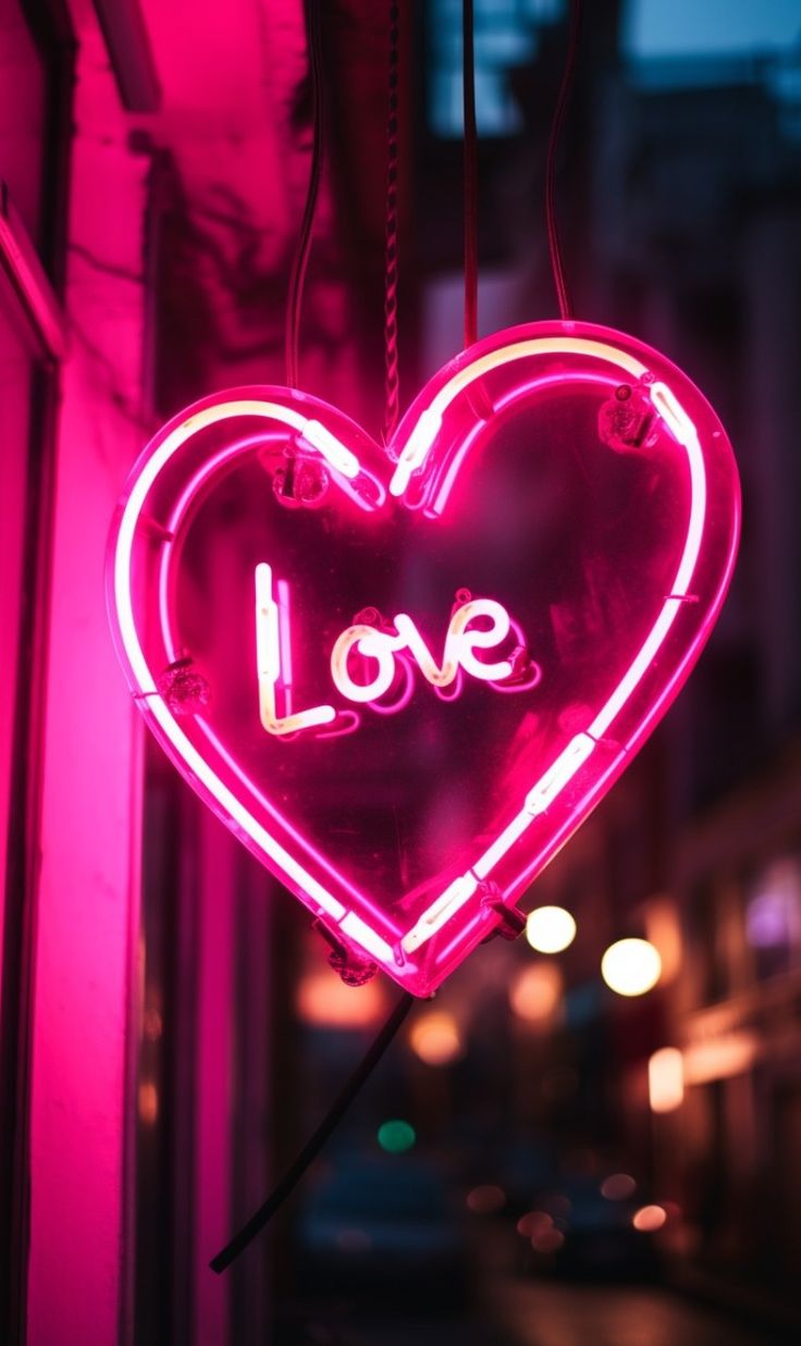 a neon sign that says love hanging from the side of a building