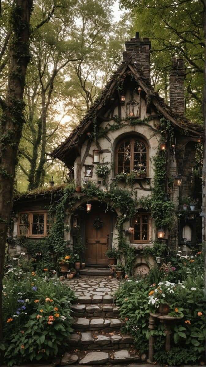 an old house with ivy growing on it's roof and steps leading up to the front door